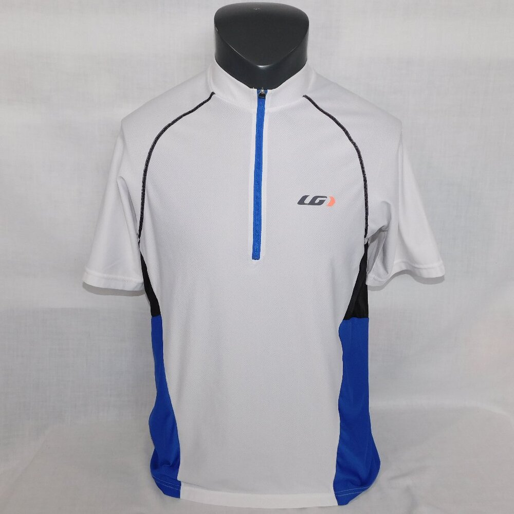 Louis Garneau Mens M White Blue Black Short Sleeve Cycling Riding Jersey 1/4 Zip